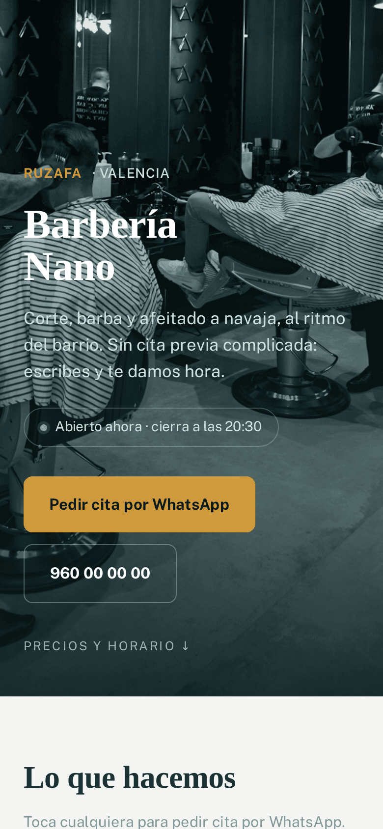 Ejemplo de web hecha por Rebix vista en móvil: Barbería Nano